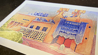 Postcard with a watercolor painting of the Contact building.