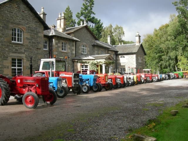 A row of tractors outside.