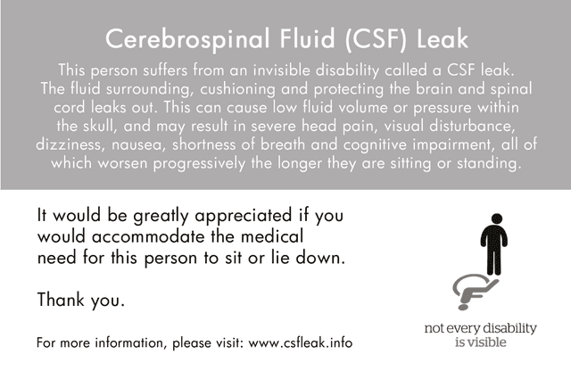 The reverse side of the CSF Leak Association Medical Accommodations Card.