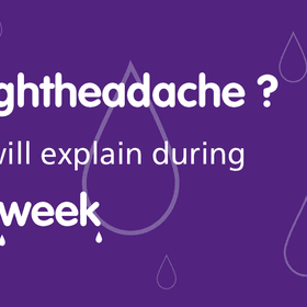 An illustration of a woman with the text "#upright headache? Anne will explain during #leakweek".