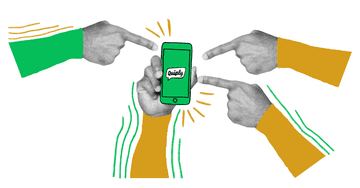 Quiply Illustration Finger zeigen auf Smartphone mit Logo