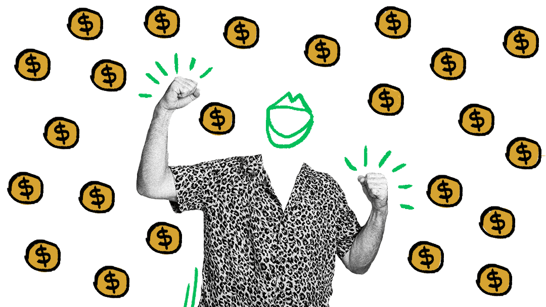Quiply Mitarbeiter-App Illustration Mann in Hemd freut sich Geldmünzen