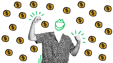 Quiply Mitarbeiter-App Illustration Mann in Hemd freut sich Geldmünzen
