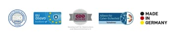 Logos DIN 27001 Made in Germany GDDB EU DSGVO GDPR Allianz fuer Cybersecurity Quiply