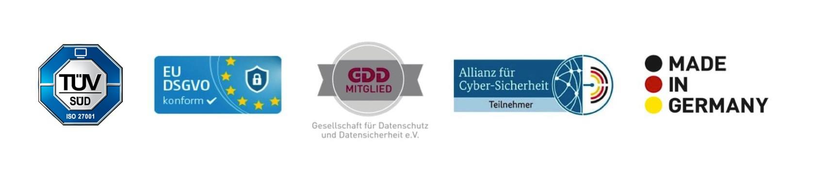 Logos Tuev 27001 EU DSGVO GDD Cybersicherheit Made in Germany Quiply MitarbeiterApp