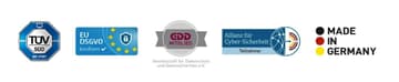 Logos Tuev 27001 EU DSGVO GDD Cybersicherheit Made in Germany Quiply MitarbeiterApp