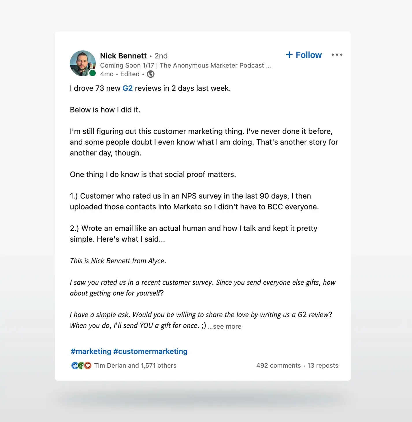 Nick Bennett LinkedIn Post