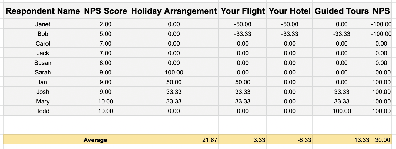 NPS Driver Analysis Excel with Average Score