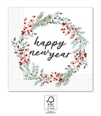  - FSC 3-Ply Paper Napkins 33x33cm Happy New Year Wreath - 95389