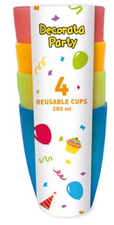 Decorata Reusable Products - Reusable Semi-trnasparent Party cups 220ml. 4 colors assorted - 94596