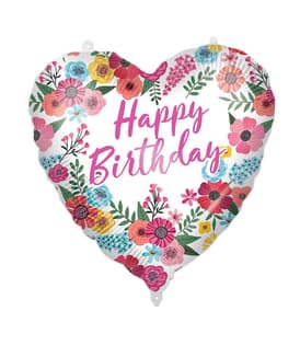 Decorated Foil Balloons - "Happy Birthday Floral" Heart Foil Balloon 46 cm - 92428