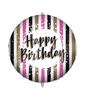 Decorated Foil Balloons - "Happy Birthday Pink Gold Stripes" Round Foil Balloon 46 cm - 92430