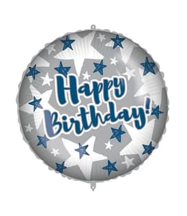 Decorated Foil Balloons - "Happy Birthday Blue Silver Stars" Round Foil Balloon 46 cm - 92434
