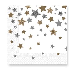Seasonal Napkin Designs - Silver & Gold Stars 3-ply Paper Napkins 33X33cm. - 92869