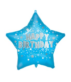 Decorated Foil Balloons - "Happy Birthday" Blue Star Shaped Foil Balloon 46cm - 93192