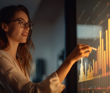 Woman looking at a digital board with data