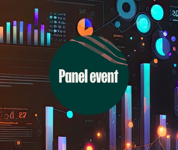 Panel event text with a background image consisting of charts and data