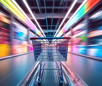 image of shopping trolley in grocery store aisle