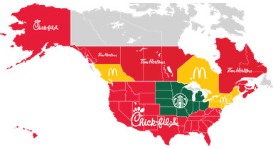 Map of Most popular QSR brands in the USA and Canada