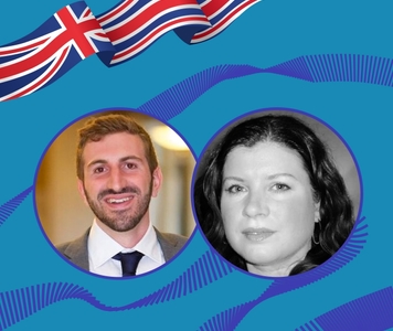 Graphic containing the headshots of two UK team members, with a Union Jack in the background