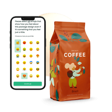 Upsiide Emoji question shown in phone next to a packaging of coffee