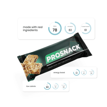 Energy bar surrounded by claims with idea scores, showing the winning idea on the wrapper