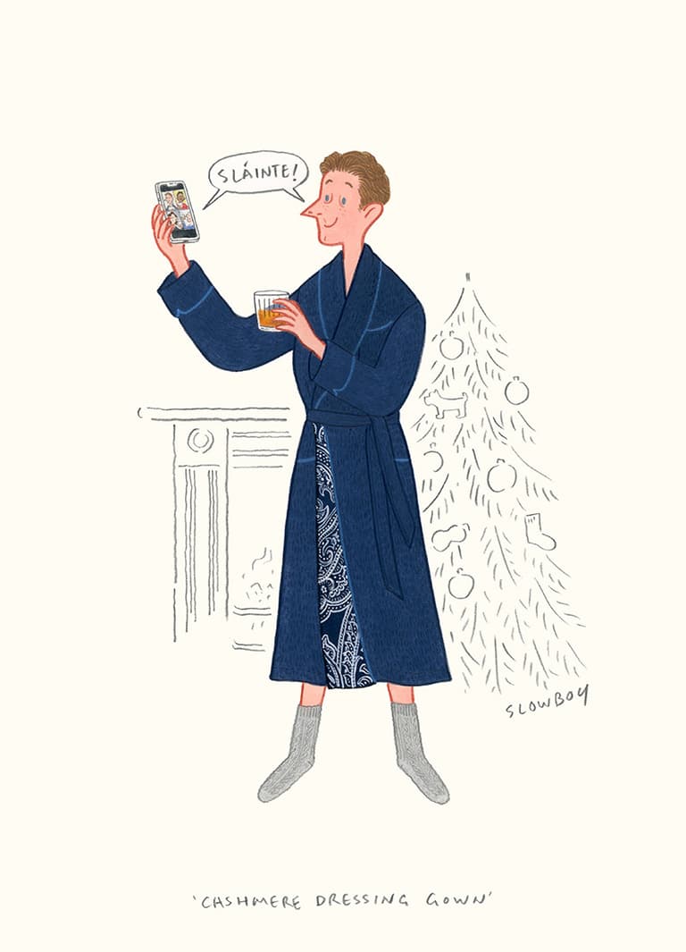 Illustration of male wearing Johnstons of Elgin's cashmere navy dressing gown in front of a Christmas tree by Slowboy