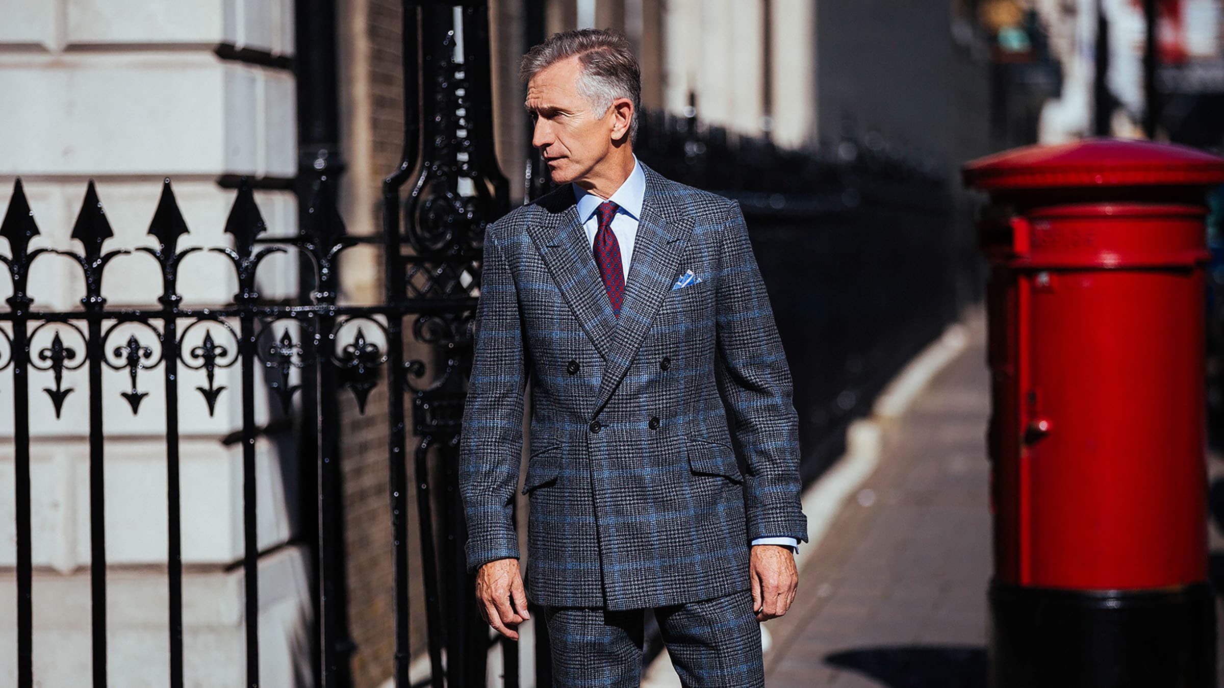 David Evans wearing a Johnstons of Elgin blue check double-breasted suit