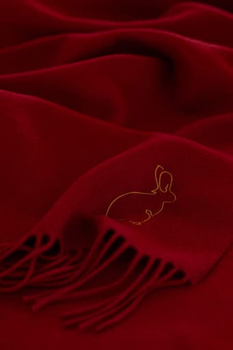 Johnstons of Elgin Red Cashmere Stole with embroidery of rabbit icon