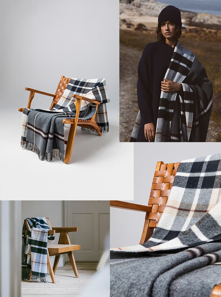 Johnstons of Elgin Black & Brown Plaid Double Face Check Lambswool Throw styled on a chair and on a model