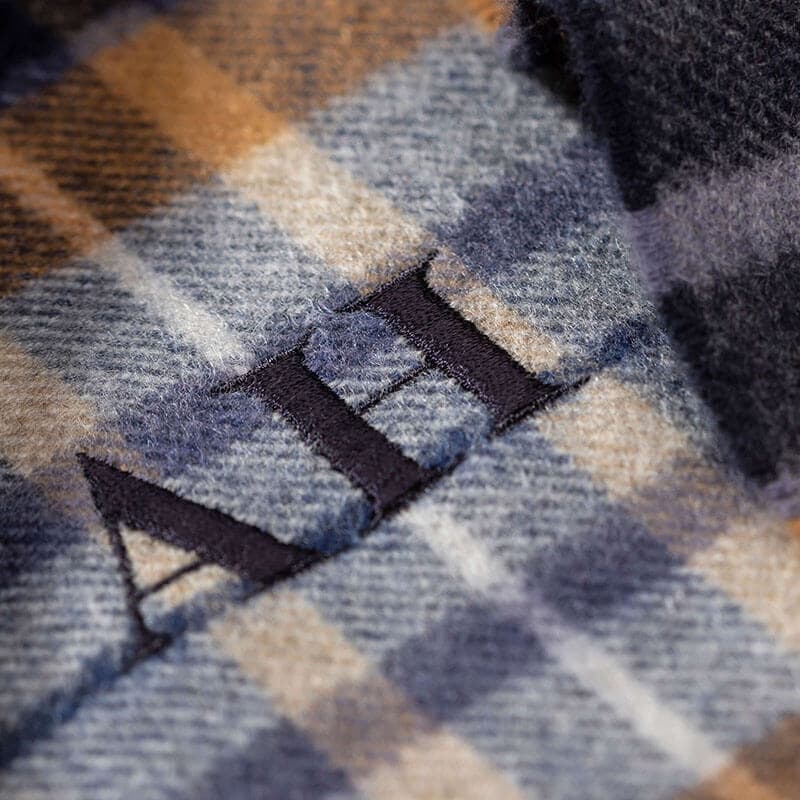Johnstons of Elgin Cashmere House Check Blanket embroidered with initials AH in Navy thread