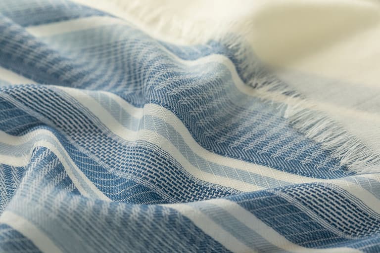 Detail of Johnstons of Elgin Lightweight Scarf with Blue and Cream Stripes