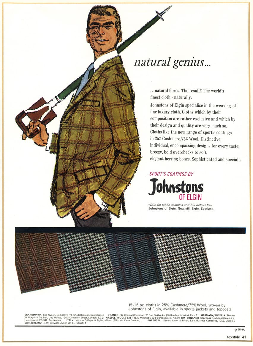 Johnstons of Elgin advert from our archive showcasing Tweeds