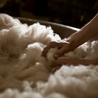 Johnstons of Elgin craftsman with hand in a bale of pure cashmere fibre