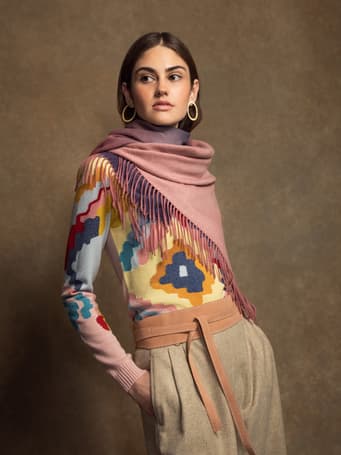 Johnstons of Elgin geometric pastel cashmere sweater worn with Pastel multi ombre Cashmere Stole