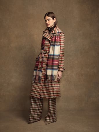 Johnstons of Elgin Tweed Coat worn with Hessian Dress Stewart Tartan Cashmere Stole