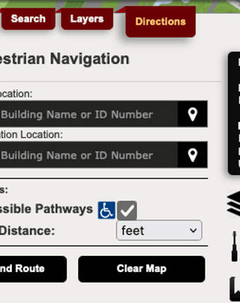 Screenshot of the directions tab in the campus map, with the Accessible Pathways option selected