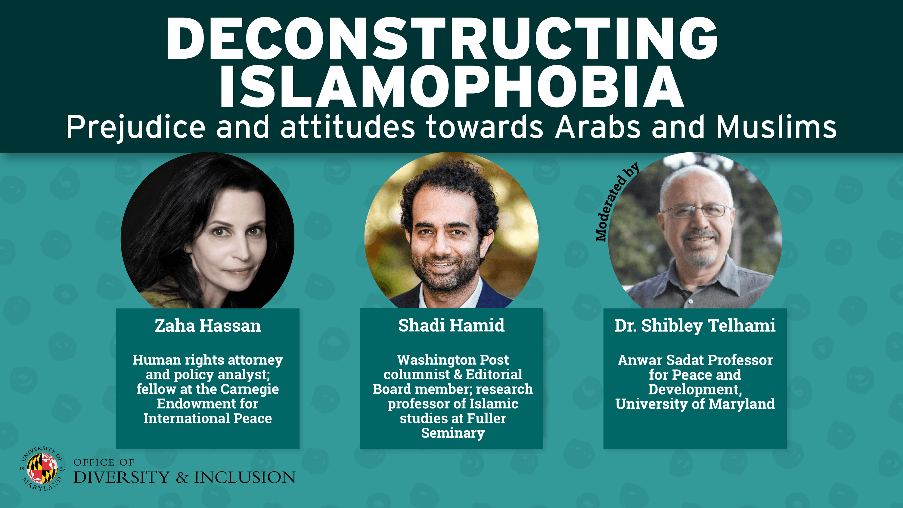 Headshots of the three panelists on a flyer for the Deconstructing Islamophobia webinar