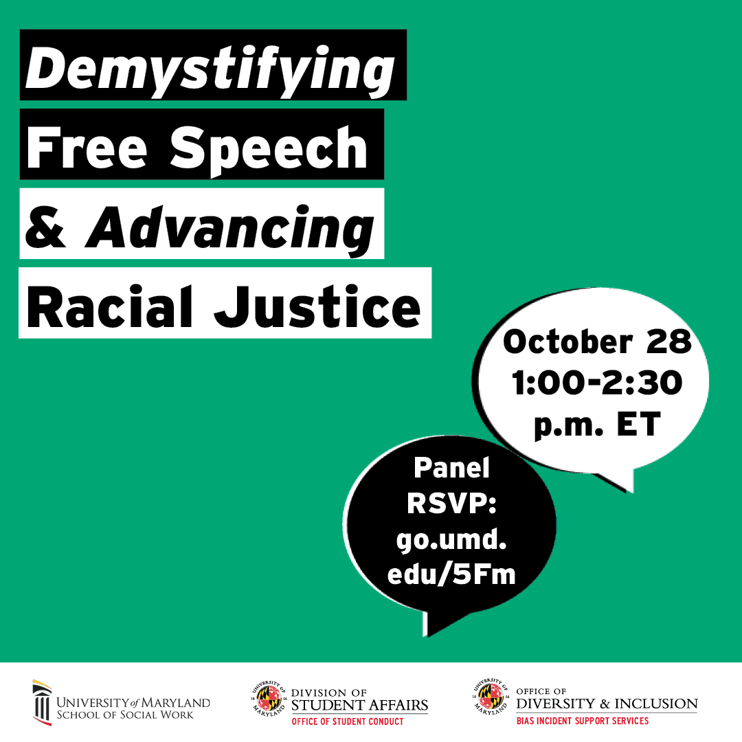 Flyer for Demystifying Free Speech & Advancing Racial Justice with two talk bubbles holding the date and time