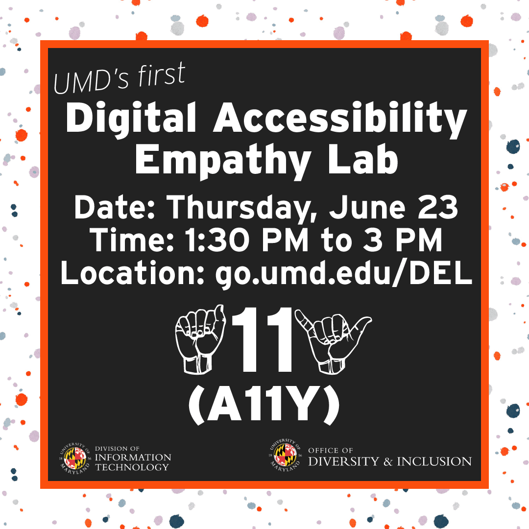 Event flyer with time, date, location and the word "A11Y" for digital accessibility in ASL and English