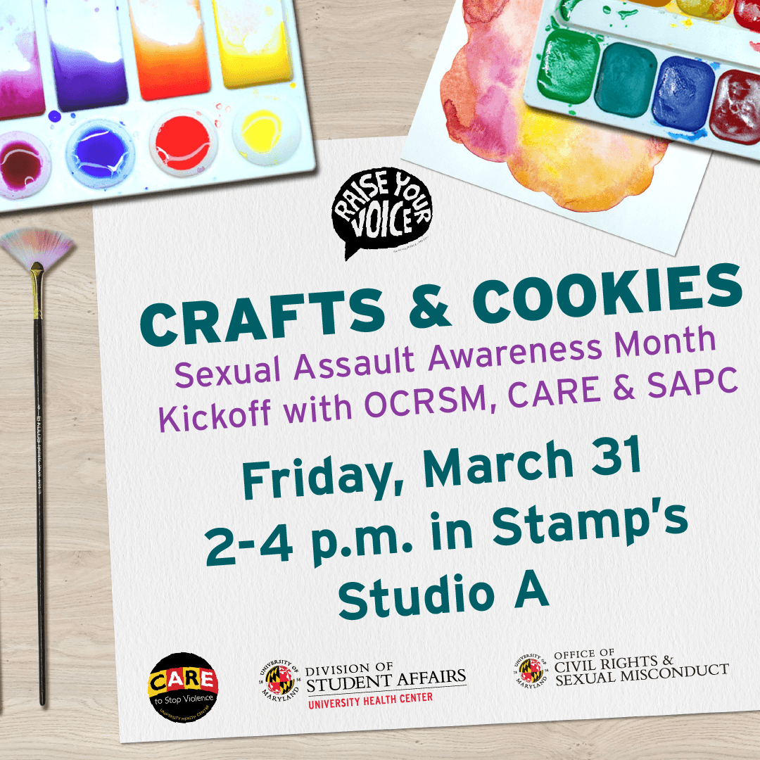Flyer for Crafts and Cookies with watercolor paints. The host organizations are listed: CARE, SAPC and OCRSM.