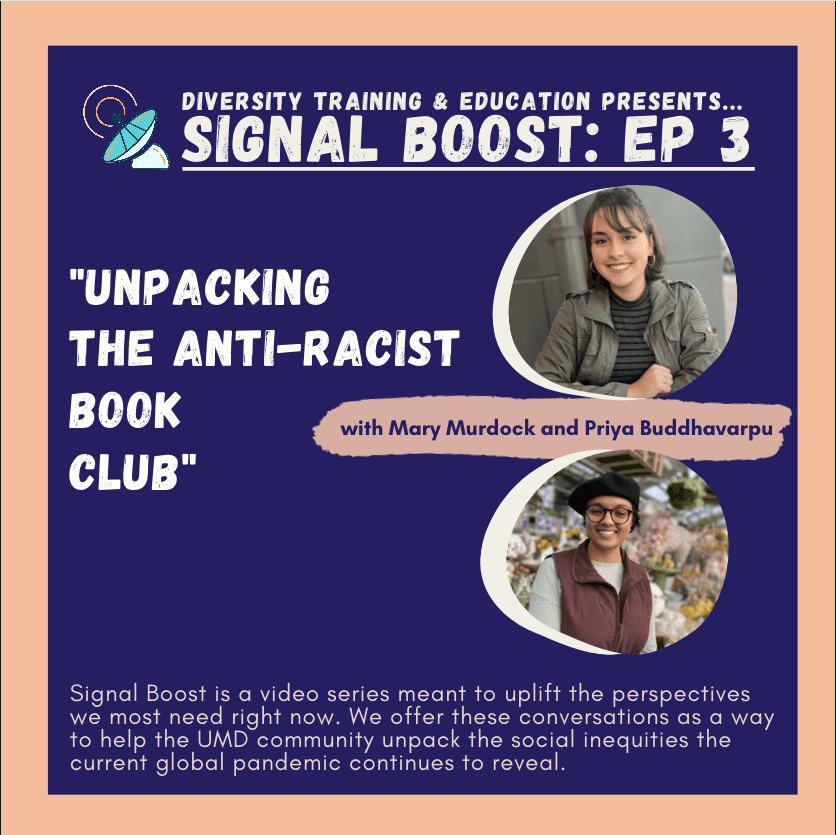 Flyer for the third episode of Signal Boost, Unpacking the Anti-Racist Book Club with photos of the guests