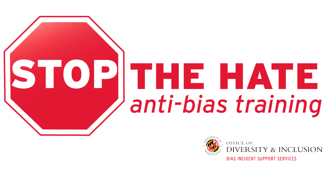 An octagonal stop sign as part of a design that reads "stop the hate, anti-bias training" with the BISS logo