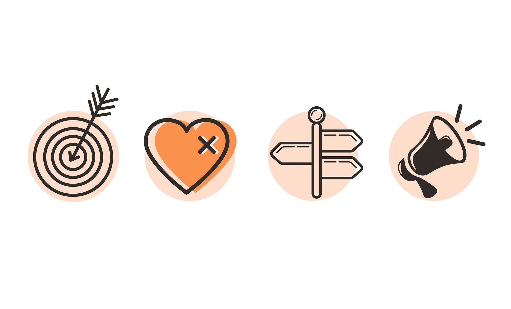 Cultural appropriation icons in a row: an arrow in a bullseye, a heart with an X on one site, a street sign post showing three directions, and a megaphone