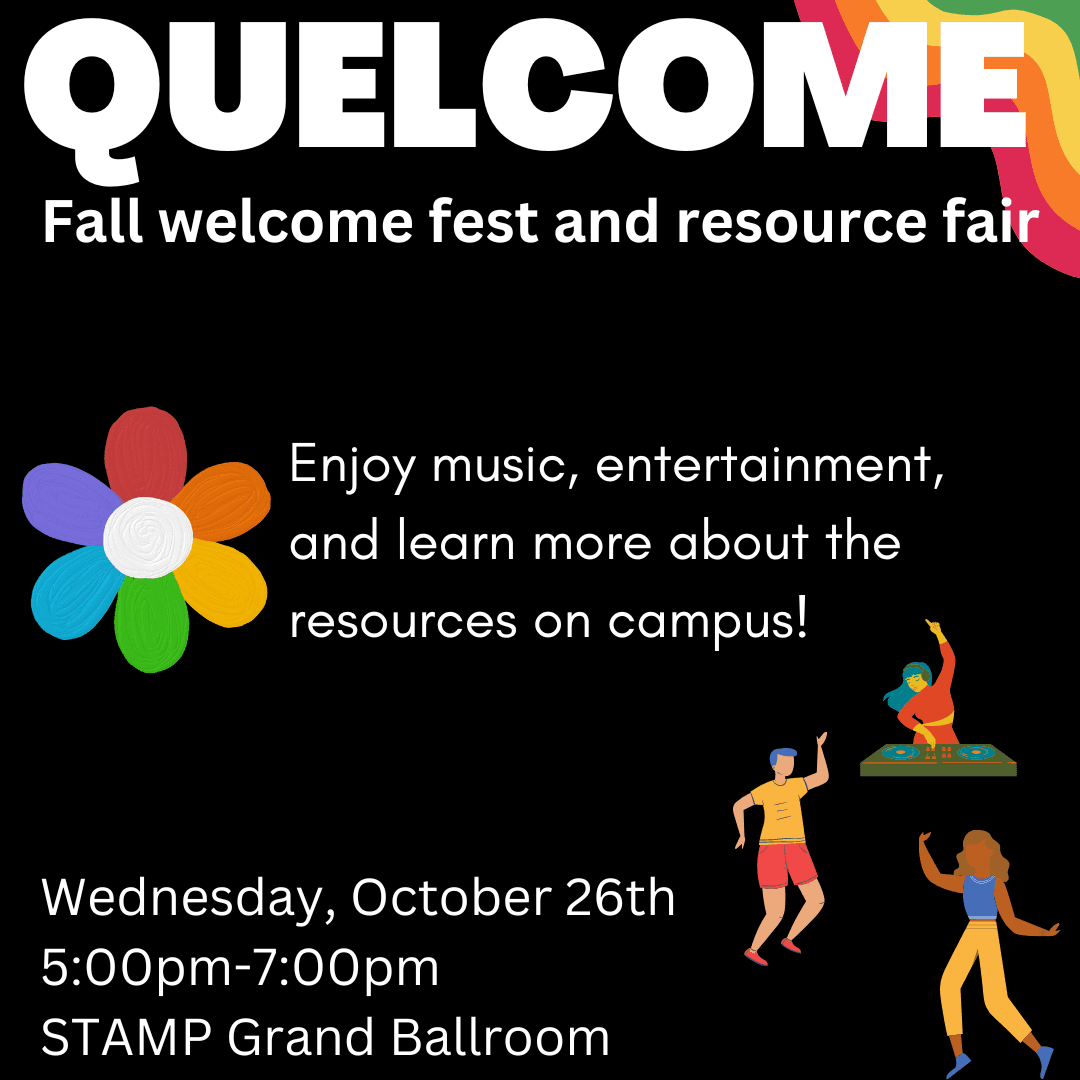 Flyer with Quelcome details, a rainbow, flower and some dancing people with a DJ