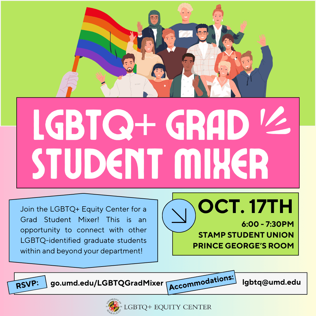 A square graphic with a pink and green gradient background showing people standing in front of a pride flag and event details.