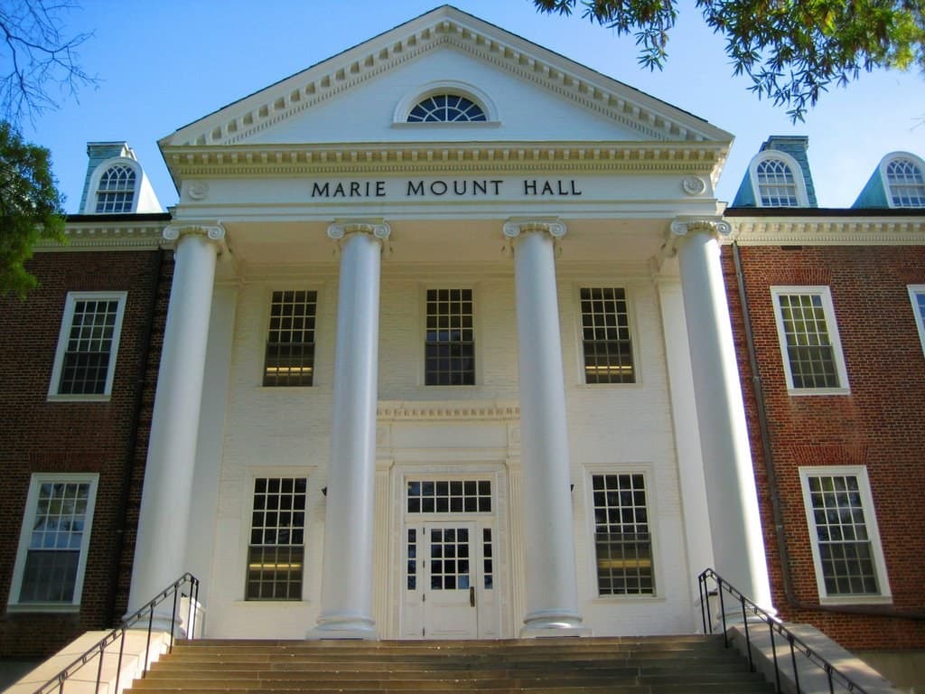 The front entrance of Marie Mount Hall.