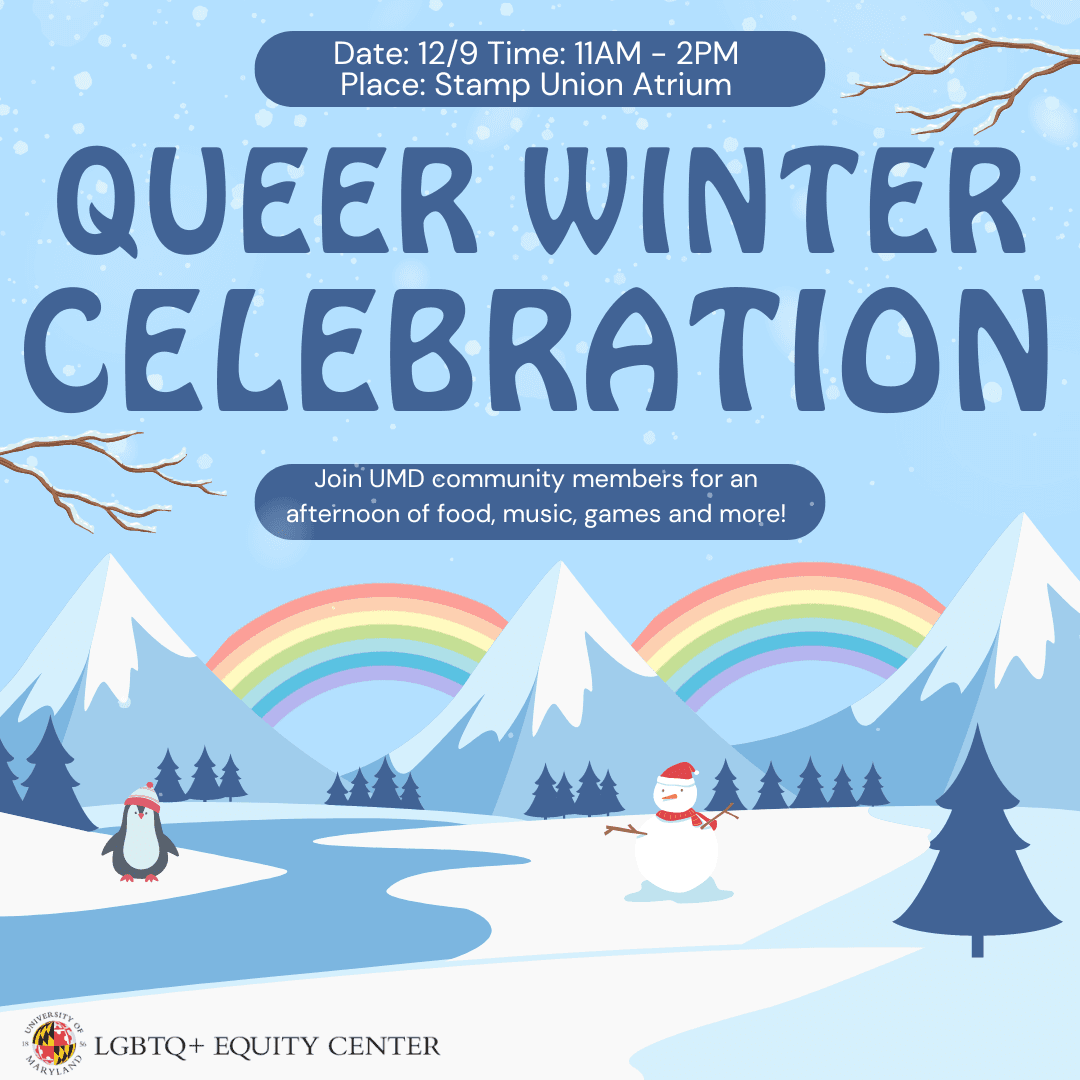 Square graphic showing a winter landscape with rainbows on the horizon and event details.