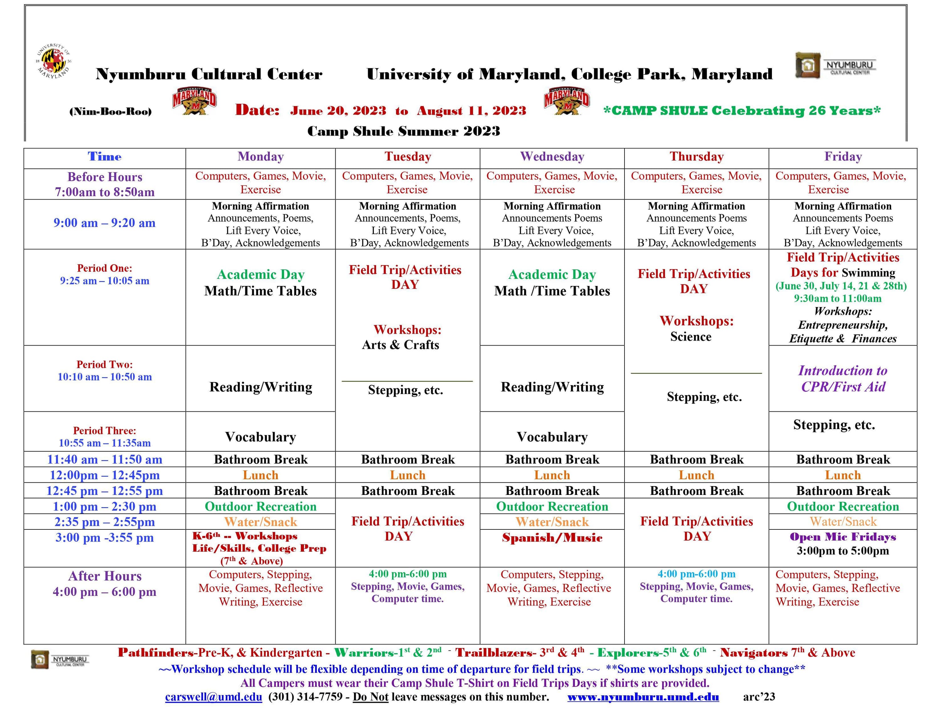 Camp Shule 2023 Schedule