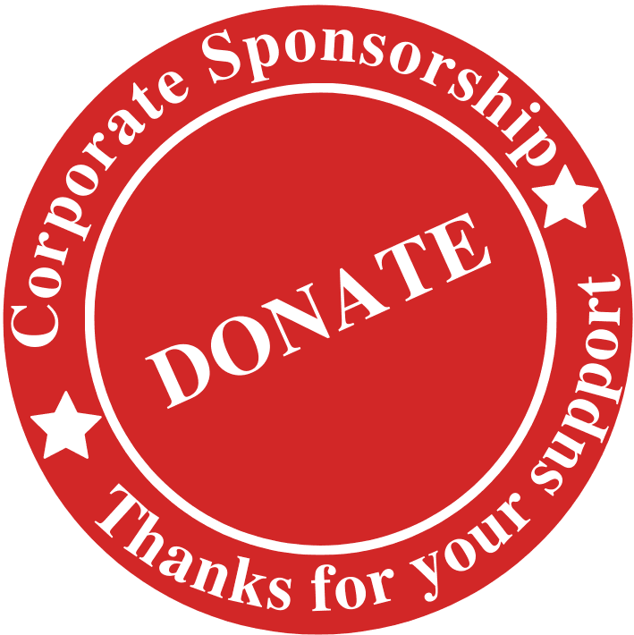 Red Circular badge with text: Corporate Sponsorship, Donate, Thank you for your support